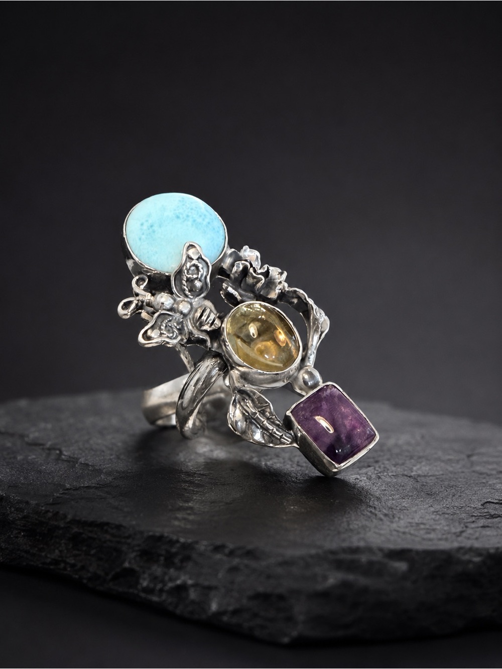 925 Sterling Silver Multi-Stone Ring with Larimar, Citrine and Amethyst